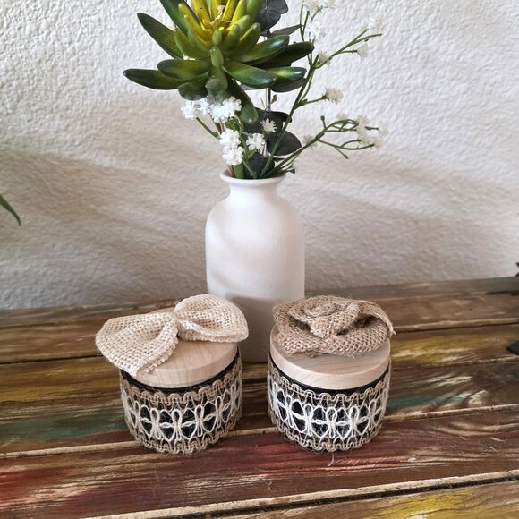 Set of 2 Tin Candle Holders with Jute Ribbon and Adornments Soy Wax  - New - Picture 1 of 2